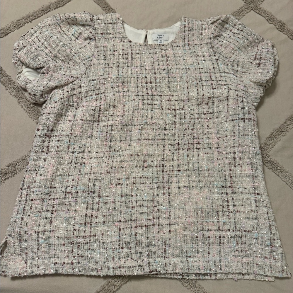 Crown & Ivy Textured Puff Sleeve Blouse - Cream and Pink